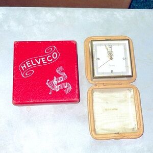 7 Jewels Swiss Clock Folding Traveling Alarm Original Leather Case & Box Helveco